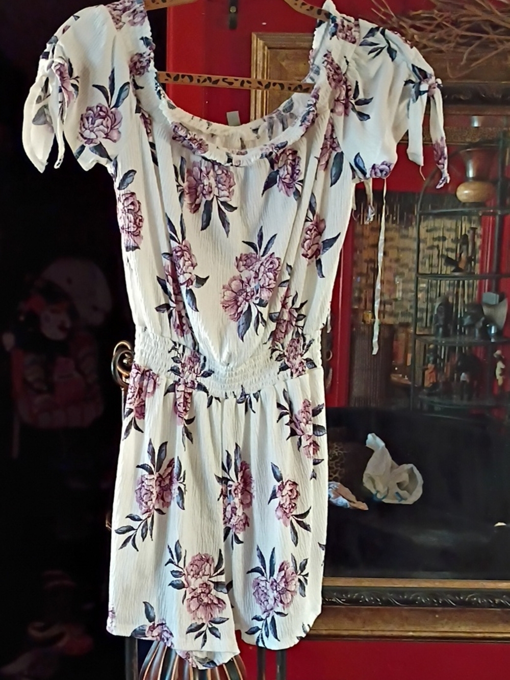 Girls Floral Off-Shoulder White Romper with Pink/Purple Blooms